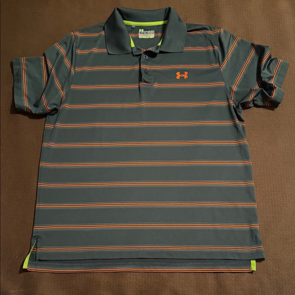 Under Armour Dry Fit Polo Shirt - Dark Gray and Orange Stripes